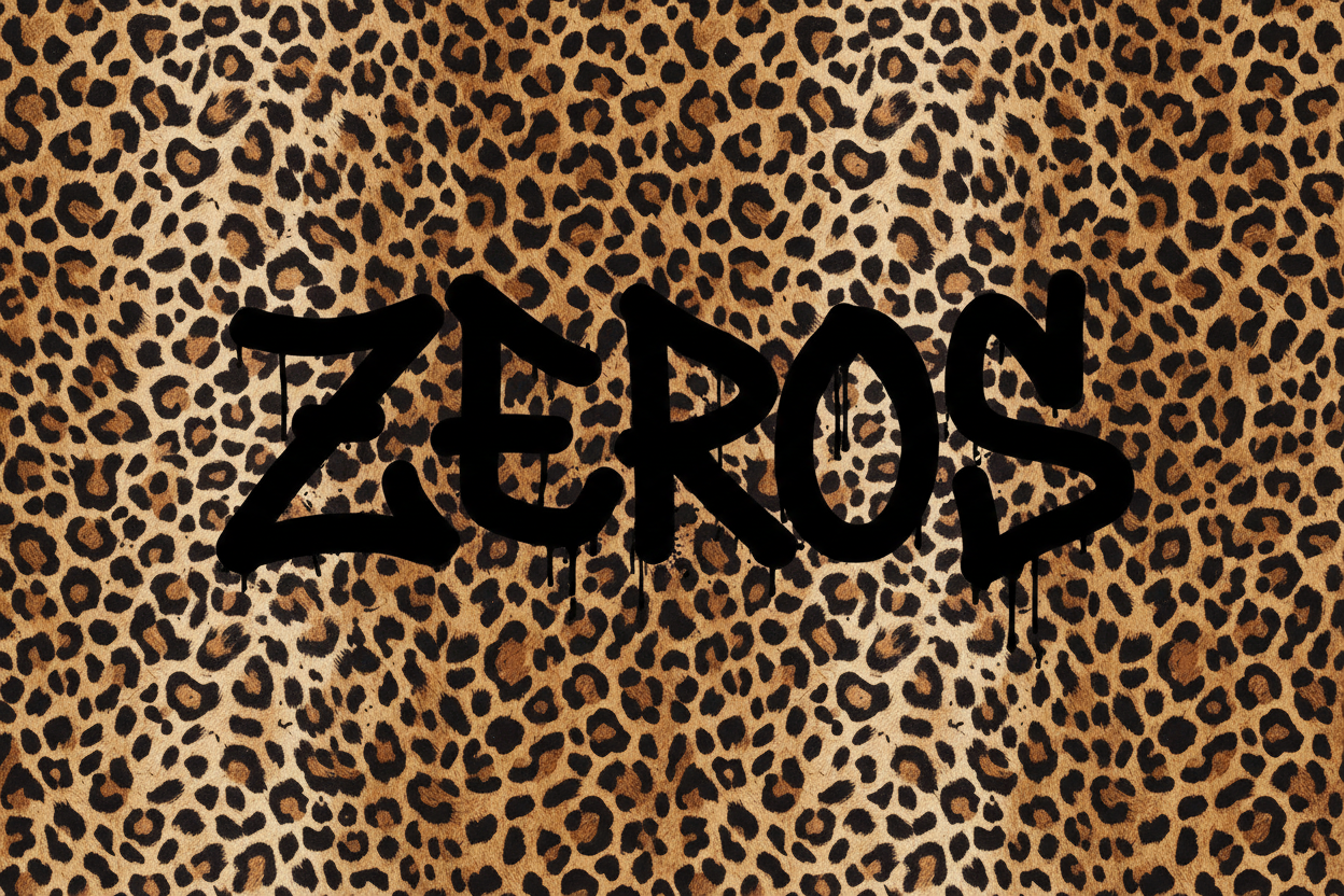 leopard print with ZEROS over it in black street wear font